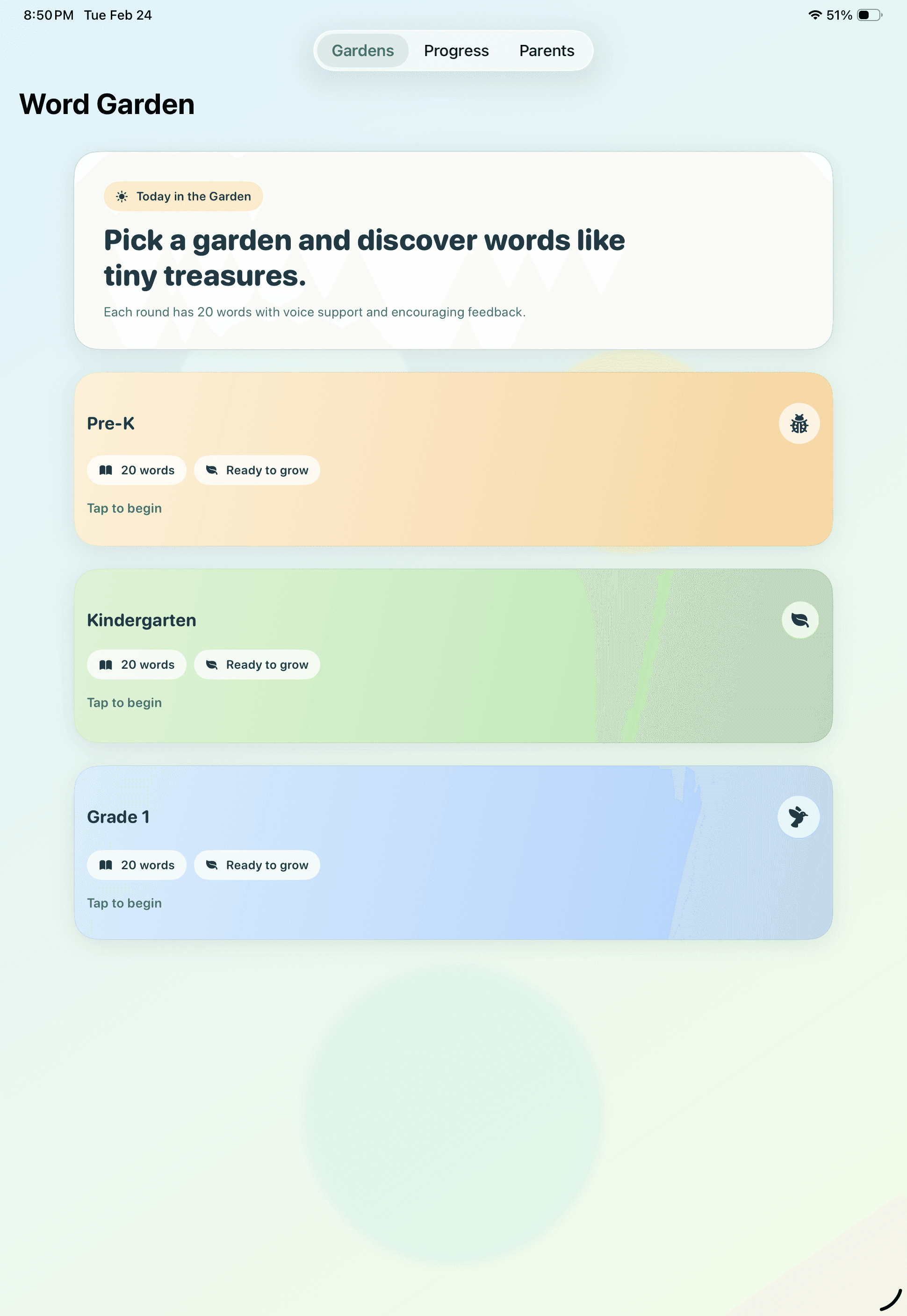 Garden Selection view in WordGarden