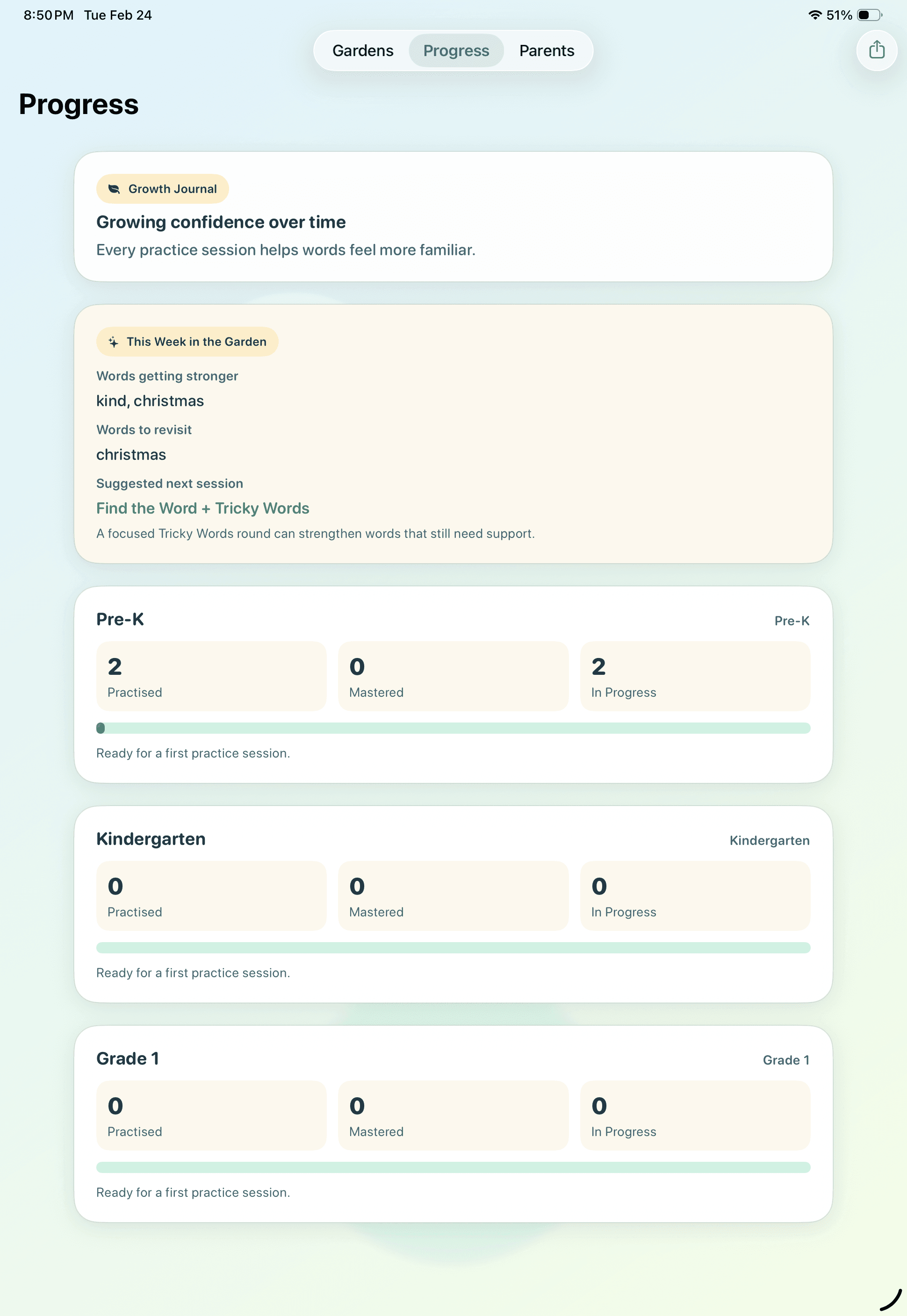 Progress view in WordGarden