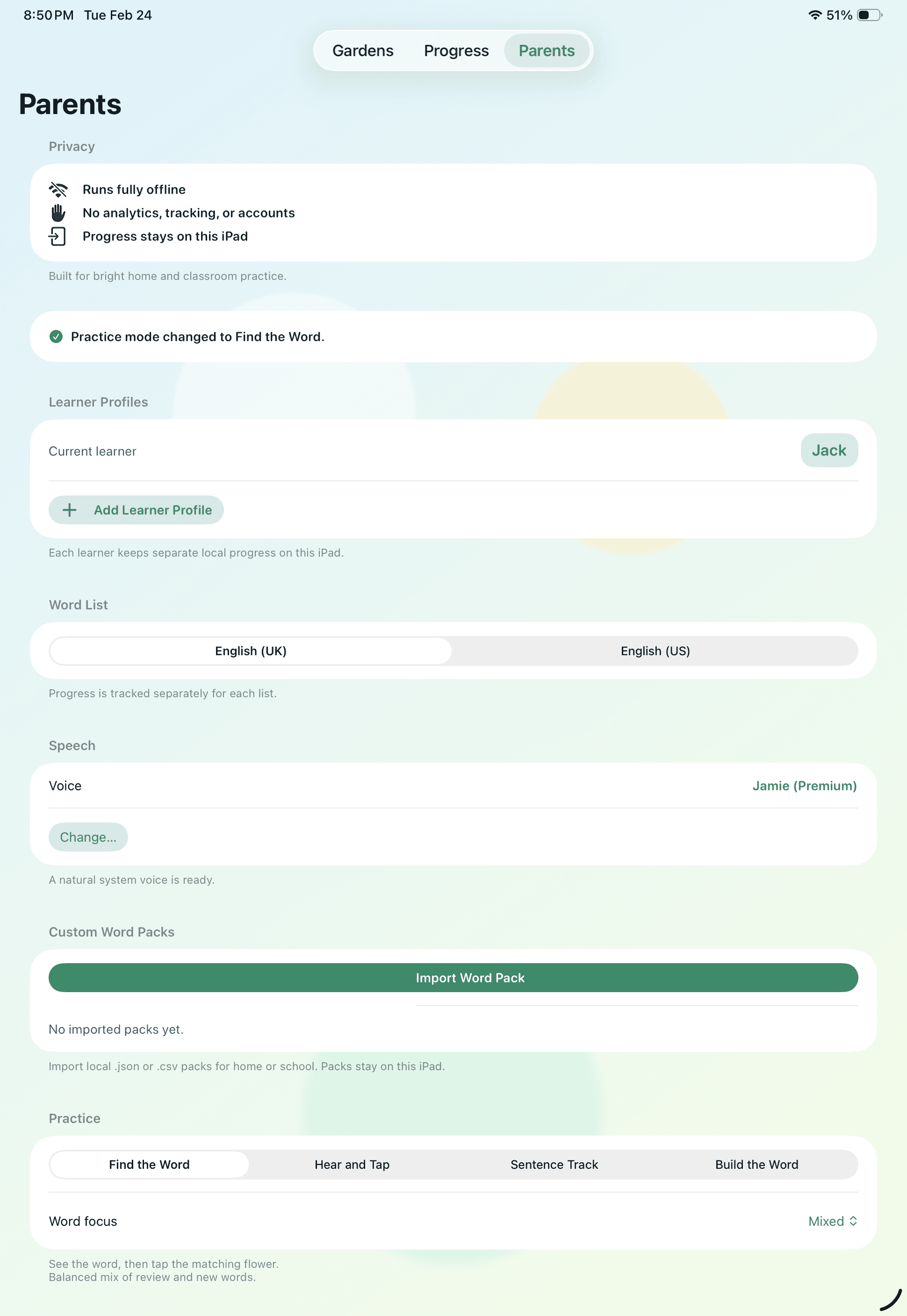 Parent Settings view in WordGarden